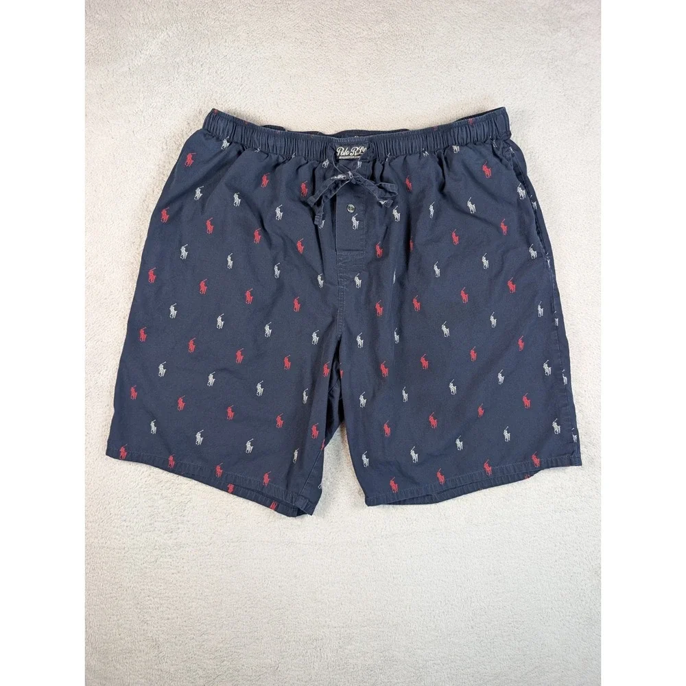 Polo Ralph Lauren Mens XL Navy Blue Red White All Over Pony Sleep Lounge Shorts